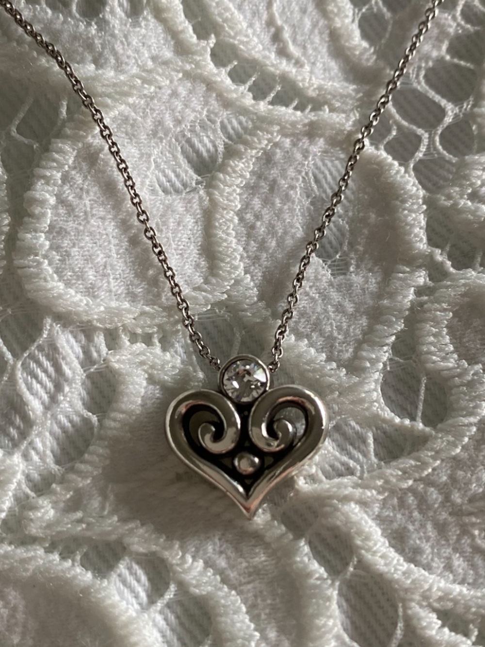 Brighton Silver Heart Scroll Necklace with Clear Crystal